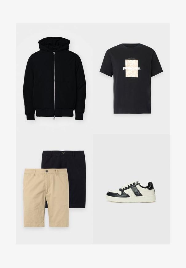 Schwarze Kapuzenjacke mit Frontreißverschluss, Kängurutasche, gerippten Bündchen und Saum, auf einem schlichten weißen Hintergrund präsentiert.; Schwarzes Baumwoll-T-Shirt mit Rundhalsausschnitt. Hat eine beige rechteckige Grafik und weißen Text "JAWO", zentriert auf der Vorderseite. Kurze Ärmel.; Zwei Shorts, eine in Khaki und eine in Schwarz, aus Baumwolle. Beide verfügen über einen Knopf, eine flache Vorderseite und haben ein knielanges Design.; Leder-Sneaker in Schwarz- und Cremetönen, mit perforierten Akzenten, einem gepolsterten Kragen und einer strukturierten Laufsohle.