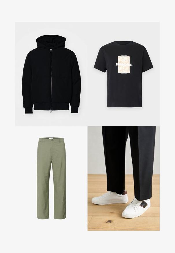 Mustaga kapuutsiga jakk, millel on esineed, kenguru tasku, soonikkoes, ja alläär, esitatud lihtsal valgel taustal.; Mustmust mustäriga T-särk, millel on ümar kaelus. Esipaneelil on beež ristkülikukujuline graafika ja valge tekst "JAWO", mis on keskendatud. Lühikesed varrukad.; Heledad oliivrohelised püksid on valmistatud siledast ja kergest kangast. Omavad ees nuppude sulgemist ja klassikalist sirge jala disaini.; Valged sneakersid siledat tekstuurist, millel on pruunad nahast detailid ja mustad aksessuaarid, millele on sobitatud mustad kohandatud püksid. Puitpõranda taust.