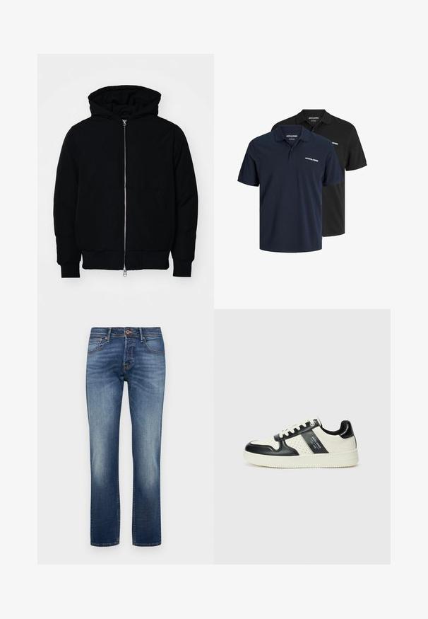 Giacca nera con cappuccio, dotata di zip frontale, tasca a marsupio, polsini e orlo a coste, esposta su uno sfondo bianco semplice.; Due polo shirt: uno blu navy con logo bianco e uno nero. Entrambi presentano un colletto classico e maniche corte, realizzati in tessuto leggero.; Jeans in denim di blu medio, con taglio dritto. Vita media con leggero sbiadimento e cuciture a contrasto. Design a cinque tasche.; Sneakers in pelle con una combinazione di colori nero e crema, dotati di dettagli perforati, collare imbottito e suola testurizzata.