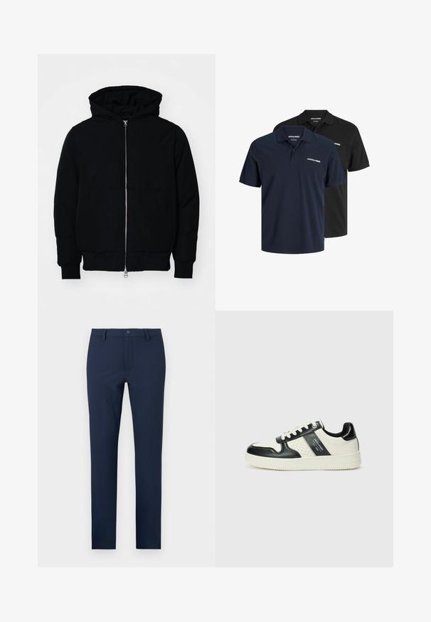 Mustat huppu-untuvatakki, jossa on vetoketju edessä, kenguru-tasku, ribatut hihansuut ja helma, esillä yksinkertaisella valkoisella taustalla.; Kaksi polo-paitaa: yksi tummansininen valkoisella logolla ja yksi musta. Molemmissa on klassinen kaulus ja lyhyet hihat, ja ne on valmistettu kevyestä kankaasta.; Tummansiniset housut, jotka on valmistettu sileästä kankaasta. Niissä on napitus, etutaskut ja muotoiltu suora lahkeiden malli.; Nahkakengät musta-kerma värimaailmassa, joissa on rei'itetyt yksityiskohdat, pehmustettu nilkkaosa ja teksturoitu pohja.