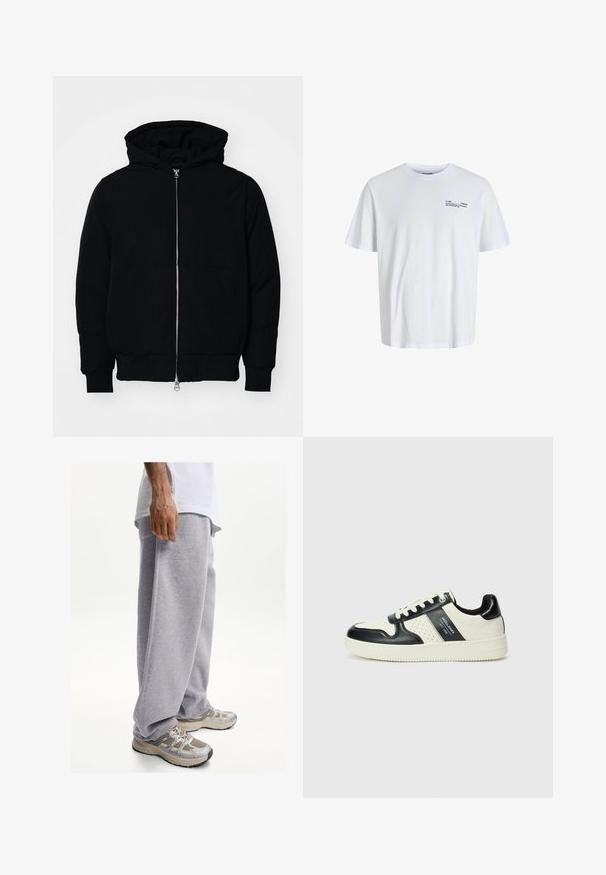 Fekete kapucnis dzseki elülső cipzárral, kenguruzsebbel, bordázott mandzsettákkal és aba, egy sima fehér háttér előtt.; Fehér pamut póló kerek nyakkal és rövid ujjakkal, fekete felirattal a bal mellkas részén. Puha, sima textúra, laza fazon.; Szürke, puha anyagú melegítőnadrág, laza szabással és elasztikus derékkal. Bézs és szürke sportcipőkkel párosítva.; Fekete és krém színű bőrsneaker, perforált díszítésekkel, párnázott bokapánttal és texturált talppal.