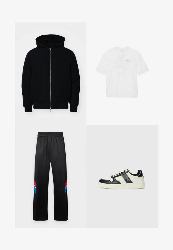 Černá kapucňová bunda s předním zipem, klokaní kapsou, vroubkovanými manžetami a spodním lemem, vystavená na čistém bílém pozadí.; Bílý bavlněný tričko s krátkým rukávem, s předním potiskem, který zní "Vstoupit do klidu" v černé a zelené.; Černé sportovní kalhoty s elastickým pasem. Na vnějších stranách mají červené a modré diagonální pruhy. Hladká, lehká tkanina.; Kožené tenisky s černobílou barevnou kombinací, které mají perforované detaily, polstrovaný límec a texturovanou podrážku.