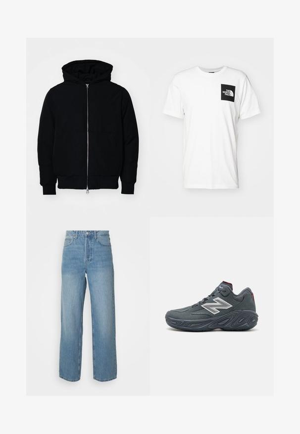 Černá kapucňová bunda s předním zipem, klokaní kapsou, vroubkovanými manžetami a spodním lemem, vystavená na čistém bílém pozadí.; Bílý bavlněný tričko s černou čtvercovou kapsou a bílým logem "The North Face". Krátké rukávy a design s kulatým výstřihem.; Světle modré džíny s vysokým pasem, rovnými nohavicemi, předním zapínáním na knoflík a pěti kapsami na jednobarevném pozadí.; New Balance FRESH FOAM BB V2 - Basketbalové boty - grey