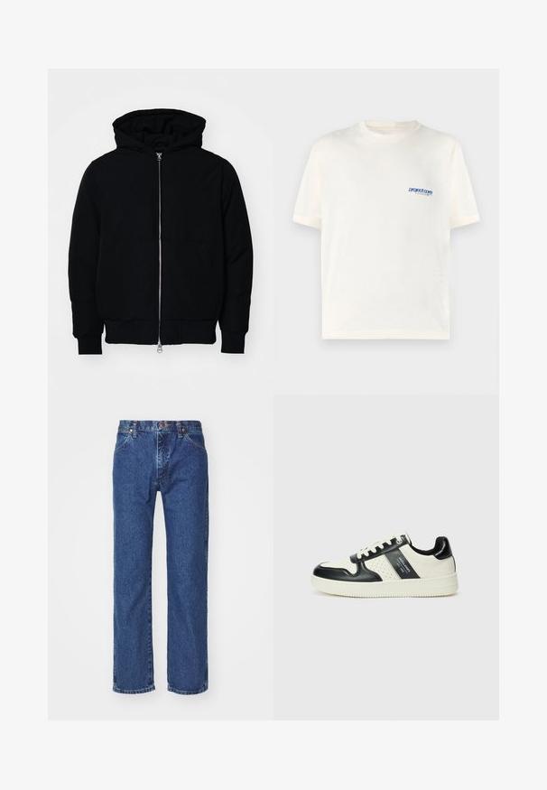 Juodas gobtuvėlis su priekiniu užtrauktuku, kengūros tipo kišene, lygiais rankogaliais ir apvadu, pateiktas ant vientiso balto fono.; Kreminės spalvos trumpomis rankovėmis marškinėliai, pagaminti iš minkštos medvilnės, su mažu mėlynu atspaudu kairėje krūtinės pusėje. Klasikinio apvalaus kaklo dizainas.; Tiesūs mėlynos džinsinio audinio džinsai su priekiniais mygtukais, užtrauktuku, diržo kilpomis ir penkių kišenių dizainu ant vientiso balto fono.; Odiniai sportbačiai juodos ir kreminės spalvų schemoje, su perforuotais akcentais, paminkštinta apykakle ir tekstūruotu padu.
