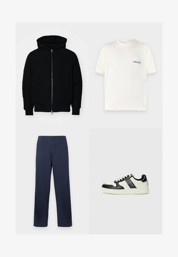 Juodas gobtuvėlis su priekiniu užtrauktuku, kengūros tipo kišene, lygiais rankogaliais ir apvadu, pateiktas ant vientiso balto fono.; Kreminės spalvos trumpomis rankovėmis marškinėliai, pagaminti iš minkštos medvilnės, su mažu mėlynu atspaudu kairėje krūtinės pusėje. Klasikinio apvalaus kaklo dizainas.; Tamsiai mėlynos medvilninės kelnės su tiesiu kirpimu, turinčios priekinį mygtuko užsegimą, diržo kilpas ir glotnią tekstūrą.; Odiniai sportbačiai juodos ir kreminės spalvų schemoje, su perforuotais akcentais, paminkštinta apykakle ir tekstūruotu padu.