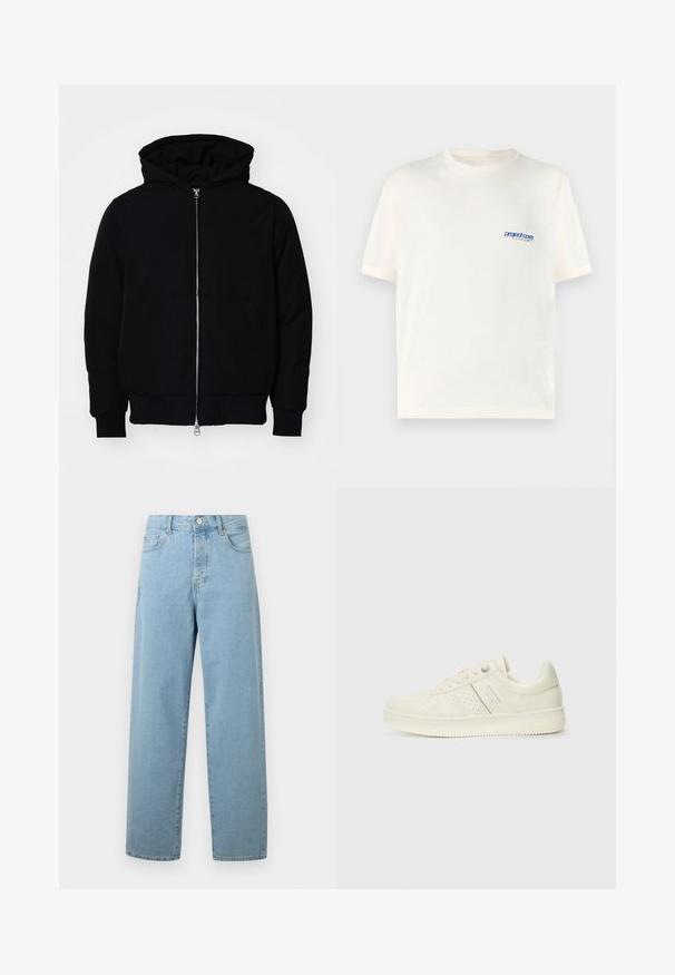 Zwarte hoodie met rits aan de voorkant, kangoeroe-pocket, geribbelde manchetten en zoom, weergegeven op een effen witte achtergrond.; Crème t-shirt met korte mouwen, gemaakt van zachte katoen, met een klein blauw gedrukt logo op de linkerborst. Klassiek ronde hals ontwerp.; Lichtblauwe wijde jeans van denim, met een knoopsluiting aan de voorkant, een traditionele vijf-pocket ontwerp en een relaxte pasvorm.; Crème-kleurige sneaker met geperforeerde details, veters en een logo aan de zijkant, weergegeven tegen een eenvoudige witte achtergrond.