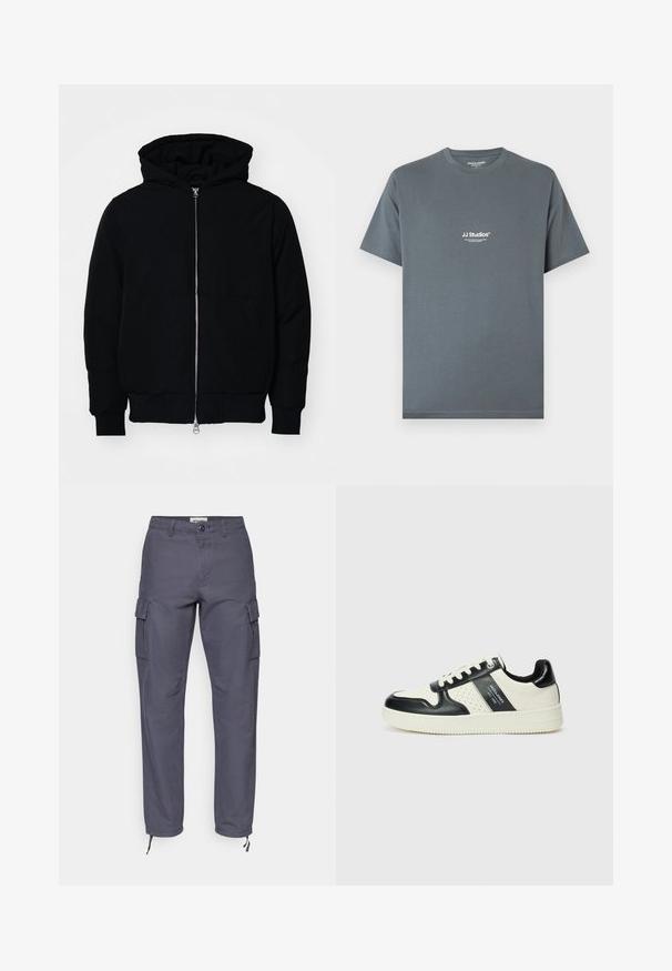 Giacca nera con cappuccio, dotata di zip frontale, tasca a marsupio, polsini e orlo a coste, esposta su uno sfondo bianco semplice.; Maglietta grigia in cotone con scollatura rotonda. Presenta il marchio "JJ Studios" bianco sul petto. Maniche corte e vestibilità comoda.; Pantaloni cargo in cotone grigio scuro. Presentano tasche laterali, una chiusura a bottone e orli regolabili con lacci. Design a gamba dritta con texture liscia.; Sneakers in pelle con una combinazione di colori nero e crema, dotati di dettagli perforati, collare imbottito e suola testurizzata.