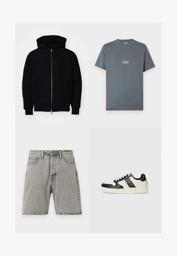 Veste à capuche noire avec fermeture éclair sur le devant, poche kangourou, poignets et ourlet côtelés, présentée sur un fond blanc uni.; T-shirt en coton gris avec col rond. Présente un logo blanc "JJ Studios" sur la poitrine. Manches courtes et coupe décontractée.; Shorts en denim gris avec une coupe classique, cinq poches et coutures visibles. Présente une fermeture à bouton à l'avant et une texture légèrement décolorée.; Baskets en cuir avec un schéma de couleurs noir et crème, dotées d'accents perforés, d'un col rembourré et d'une semelle texturée.