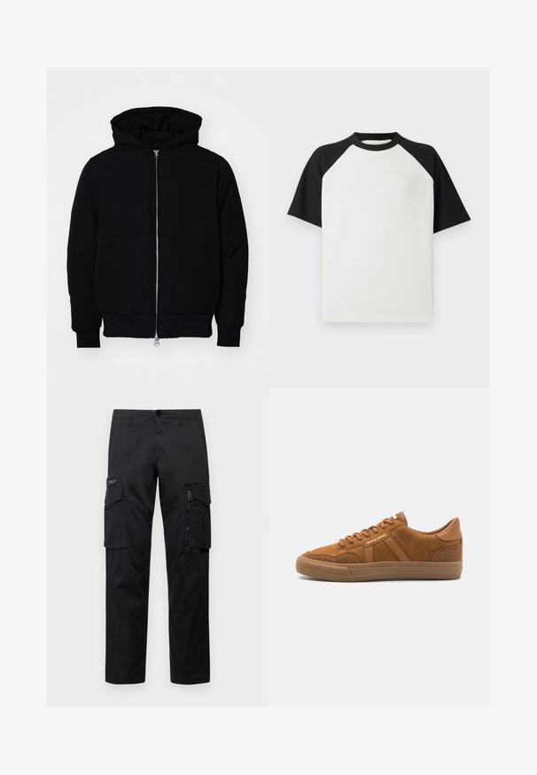 Črna kapuca jakna s sprednjim zadrgo, kenguru žepom, rebrastimi manšetami in hemom, razstavljena na enostavni beli ozadju.; Črno-bela kratkotrajna majica s kratkimi rokavi z rebrasto teksturo; ima raglan rokave in okroglo ovratnico.; Črne cargo hlače z več žepi, z zadrgo na stegnu, ravnim krojem in trdnim bombažnim materialom z rahlo sijajem.; Jack & Jones JFWMORDEN - Športni copati - cognac