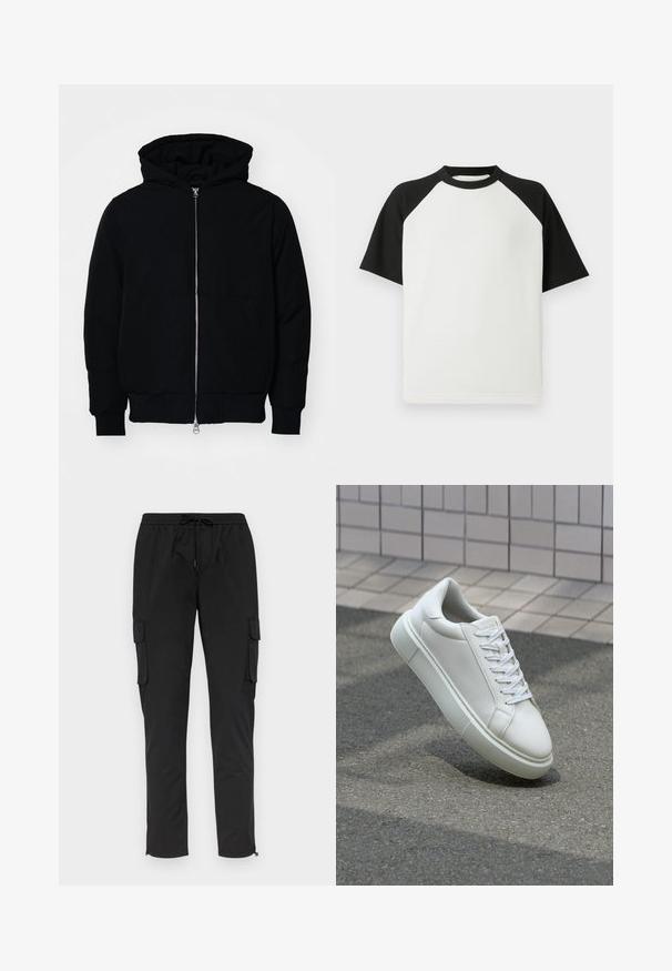 Schwarze Kapuzenjacke mit Frontreißverschluss, Kängurutasche, gerippten Bündchen und Saum, auf einem schlichten weißen Hintergrund präsentiert.; Schwarz-weiße kurzärmlige T-Shirt mit geribbeter Textur; verfügt über Raglanärmel und einen Rundhalsausschnitt.; Schwarze Cargo-Hosen mit elastischem Bund und Kordelzug, ausgestattet mit Seitentaschen und Reißverschlussbündchen, hergestellt aus leichtem Stoff.; Weiße Leder-Sneaker mit glatter Oberfläche, runder Zehenpartie und flachen weißen Schnürsenkeln. Verfügt über eine strukturierte Gummisohle und minimalistische Designelemente.