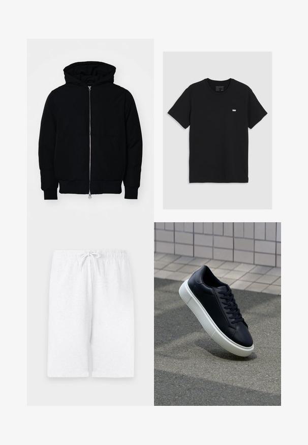 Veste à capuche noire avec fermeture éclair sur le devant, poche kangourou, poignets et ourlet côtelés, présentée sur un fond blanc uni.; T-shirt en coton noir à manches courtes, col rond, présentant un petit logo blanc Levi's sur la poitrine, texture lisse, coupe classique.; Shorts en coton blancs avec une taille élastique et un cordon de serrage ajustable. Présente une coupe droite et une texture lisse. Pas de motifs ni d'accents.; Baskets noires en cuir avec bout arrondi et semelle en caoutchouc blanc. Elles présentent des lacets plats et une couture minimale sur la tige. Semelle texturée pour une bonne adhérence.