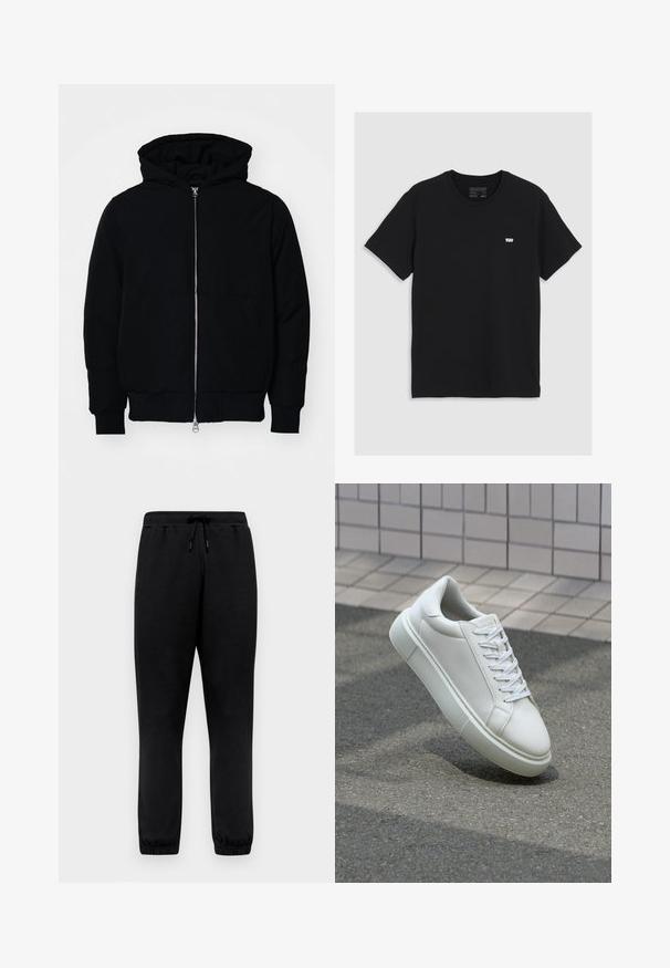 Fekete kapucnis dzseki elülső cipzárral, kenguruzsebbel, bordázott mandzsettákkal és aba, egy sima fehér háttér előtt.; Fekete pamut póló rövid ujjakkal, kerek nyakkivágással, apró fehér Levi's logóval a mellkason, sima tapintású, klasszikus szabású.; Fekete jogging nadrág puha anyagból, rugalmas derékkal, állítható zsinórral és szűkülő bokákkal.; Fehér bőr sportcipő sima felülettel, kerek orral és lapos fehér fűzőkkel. Texturált gumitalppal és minimális dizájnelemekkel rendelkezik.