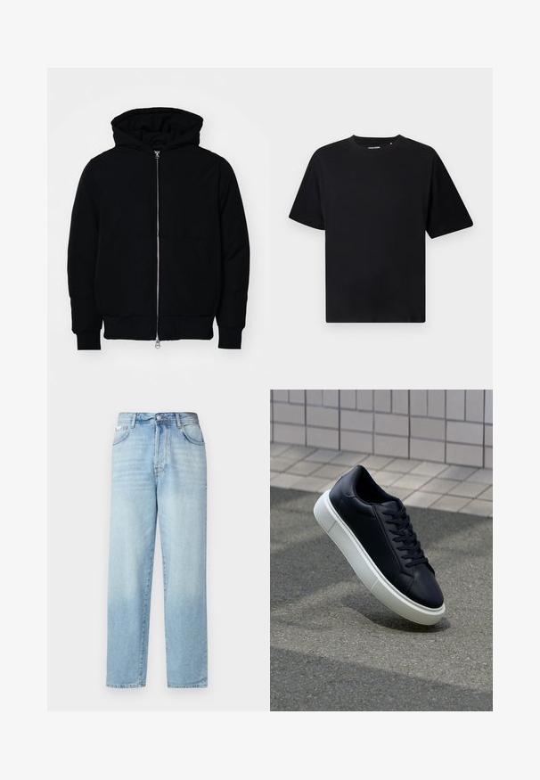 Black hooded jacket with front zipper, kangaroo pocket, ribbed cuffs, and hem, displayed on a plain white background.; Black short-sleeve crew neck T-shirt with a relaxed fit, displayed on a white background.; Light blue denim jeans with a straight-leg design, faded wash, traditional five-pocket style, and a metal button waist closure.; Black leather sneaker with rounded toe and white rubber sole. Features flat laces and minimal stitching on the upper. Textured sole for grip.