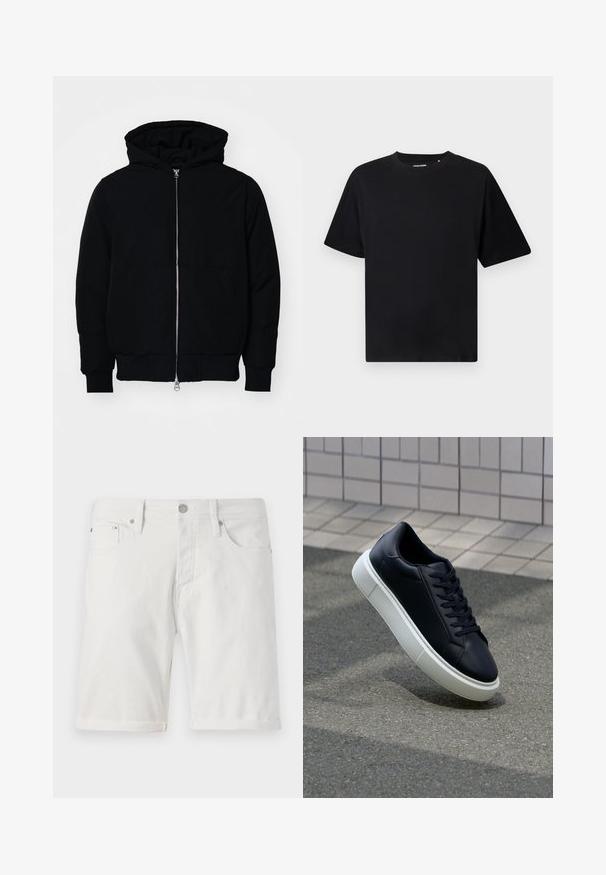 Black hooded jacket with front zipper, kangaroo pocket, ribbed cuffs, and hem, displayed on a plain white background.; Black short-sleeve crew neck T-shirt with a relaxed fit, displayed on a white background.; White denim shorts with a classic cut, featuring a rolled hem, front pockets, and a metal button closure. Smooth texture.; Black leather sneaker with rounded toe and white rubber sole. Features flat laces and minimal stitching on the upper. Textured sole for grip.