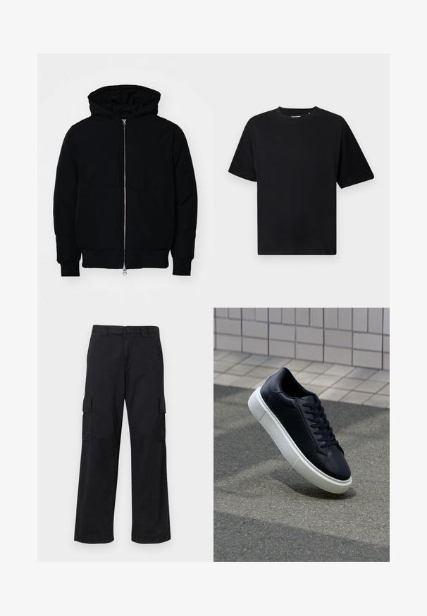 Sort hættejakke med frontlynlås, kængurulomme, ribbede manchetter og kant, præsenteret på en ensfarvet hvid baggrund.; Sort kortærmet T-shirt med crew neck og afslappet pasform, vist på en hvid baggrund.; Sorte cargo bukser lavet af bomuldsblanding, med løs pasform, to sidelommer og knaplukning. Flad tekstur med minimale udsmykninger.; Sort lædersneaker med rund tå og hvid gummisål. Har flade snørebånd og minimal syning på overdelen. Tekstureret sål for bedre greb.