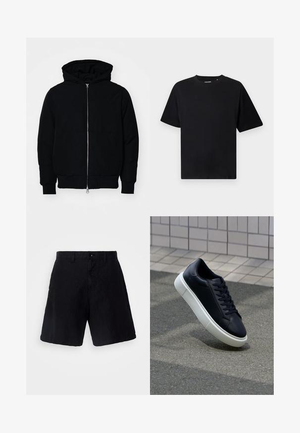 Giacca nera con cappuccio, dotata di zip frontale, tasca a marsupio, polsini e orlo a coste, esposta su uno sfondo bianco semplice.; Maglietta nera a maniche corte con collo rotondo e vestibilità rilassata, esposta su uno sfondo bianco.; Pantaloni neri realizzati in un tessuto leggero con una vestibilità rilassata, dotati di chiusura con bottone, passanti per cintura e tasche laterali.; Sneaker in pelle nera con punta arrotondata e suola in gomma bianca. Presenta lacci piatti e cuciture minime sulla parte superiore. Suola testurizzata per una migliore aderenza.