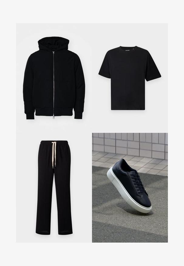 Schwarze Kapuzenjacke mit Frontreißverschluss, Kängurutasche, gerippten Bündchen und Saum, auf einem schlichten weißen Hintergrund präsentiert.; Schwarzes T-Shirt mit kurzen Ärmeln und Rundhalsausschnitt, in lockerer Passform, auf einem weißen Hintergrund präsentiert.; Schwarze Pull-on-Hosen mit einem elastischen Taillengummi, ausgestattet mit einer kontrastierenden cremefarbenen Zugkordel. Gerader Schnitt mit einer glatten Textur.; Schwarze Leder-Sneaker mit runder Zehenpartie und weißer Gummisohle. Verfügt über flache Schnürsenkel und minimale Nähte im Obermaterial. Strukturiertes Sohlenprofil für besseren Halt.