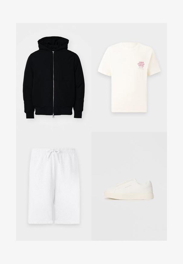 Veste à capuche noire avec fermeture éclair sur le devant, poche kangourou, poignets et ourlet côtelés, présentée sur un fond blanc uni.; T-shirt blanc à manches courtes avec le texte rouge "Édition Originals du Studio" sur la poitrine gauche, présenté sur un fond gris neutre.; Shorts en coton blancs avec une taille élastique et un cordon de serrage ajustable. Présente une coupe droite et une texture lisse. Pas de motifs ni d'accents.; Baskets blanches sans lacets avec une surface texturée, une semelle épaisse et un design minimaliste. Présente le logo de la marque sur le côté.