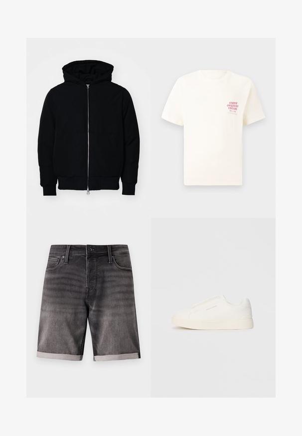 Zwarte hoodie met rits aan de voorkant, kangoeroe-pocket, geribbelde manchetten en zoom, weergegeven op een effen witte achtergrond.; Witte T-shirt met korte mouwen met rode tekst "Studio Originals Edition" op de linker borst, weergegeven op een neutrale grijze achtergrond.; Denim shorts in donkergrijs met een vervaagde afwerking, voorzien van een omgeslagen zoom, voorzakken en een metalen knoopsluiting.; Witte instap sneakers met een gestructureerd oppervlak, een dikke zool en een minimalistisch ontwerp. Bevat het merklogo aan de zijkant.