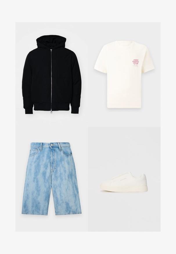 Giacca nera con cappuccio, dotata di zip frontale, tasca a marsupio, polsini e orlo a coste, esposta su uno sfondo bianco semplice.; T-shirt bianco a maniche corte con testo rosso "Studio Originals Edition" sul lato sinistro del petto, esposto su uno sfondo grigio neutro.; Shorts in denim azzurro chiaro con lavaggio sbiadito, dotati di vita standard, tasche frontali e vestibilità ampia. Nessun motivo o accessorio visibile.; Sneakers bianchi slip-on con superficie texturizzata, suola spessa e design minimalista. Presentano il logo del marchio sul lato.