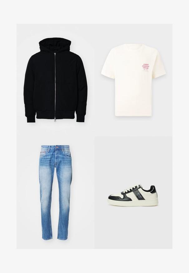 Juodas gobtuvėlis su priekiniu užtrauktuku, kengūros tipo kišene, lygiais rankogaliais ir apvadu, pateiktas ant vientiso balto fono.; Balta trumpa rankovėmis marškinėliai su raudonu užrašu "Studio Originals Edition" kairiajame krūtinės šone, rodomi neutralioje pilkoje aplinkoje.; Šviesiai mėlynos džinsinės kelnės su siauru siluetu, turinčios šviesinimo efektų, pažeidimą ant kairio kelio ir penkių kišenių stilių.; Odiniai sportbačiai juodos ir kreminės spalvų schemoje, su perforuotais akcentais, paminkštinta apykakle ir tekstūruotu padu.