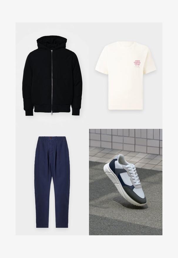 Czarna kurtka z kapturem, z suwakiem z przodu, kieszenią kangurką, ściągaczami przy mankietach i dolnym brzegu, prezentowana na jednolitym białym tle.; Biała koszulka z krótkim rękawem z czerwonym napisem "Studio Originals Edition" po lewej stronie klatki piersiowej, wyeksponowana na neutralnym szarym tle.; Granatowe spodnie wykonane z teksturowanej tkaniny, z elastycznym pasem, zapięciem na guziki oraz dwoma przednimi fałdami dla dodatkowego detalu w designie.; Białe, granatowe i szare sneakersy o mieszanej konstrukcji, z teksturowanym wierzchem, płaskimi sznurowadłami i amortyzowaną podeszwą.