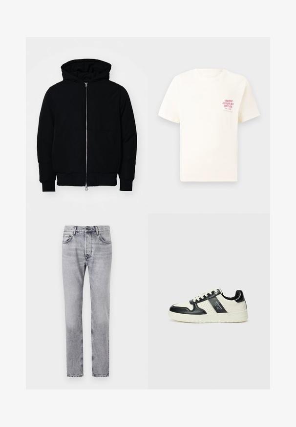 Svart huoodiejacka med framdragkedja, känguruficka, ribbade ärmslut och nederkant, uppställd mot en vit bakgrund.; Vit kortärmad T-shirt med röd text "Studio Originals Edition" på vänster bröst, är uppställd på en neutral grå bakgrund.; Grå denimjeans har rak passform, fem fickor och subtila blekningar. Metallknapp och dragkedjestängning framtill.; Läder sneakers med en svart och krämfärgad färgsättning, med perforerade detaljer, en vadderad krage och en strukturerad yttersula.