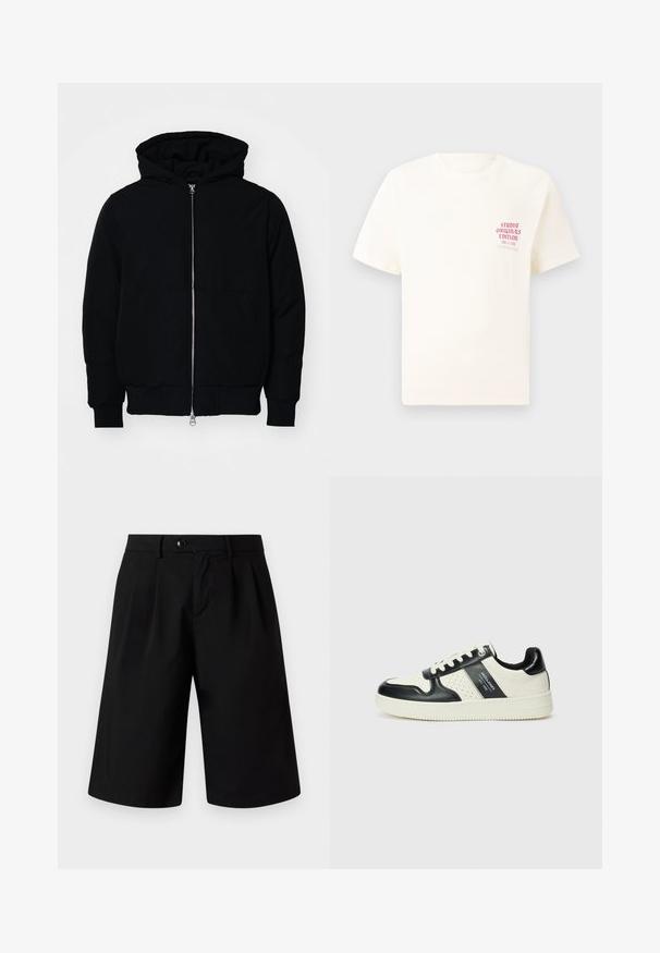 Giacca nera con cappuccio, dotata di zip frontale, tasca a marsupio, polsini e orlo a coste, esposta su uno sfondo bianco semplice.; T-shirt bianco a maniche corte con testo rosso "Studio Originals Edition" sul lato sinistro del petto, esposto su uno sfondo grigio neutro.; Jack & Jones JPSTBILL FLINT - Shorts - black; Sneakers in pelle con una combinazione di colori nero e crema, dotati di dettagli perforati, collare imbottito e suola testurizzata.