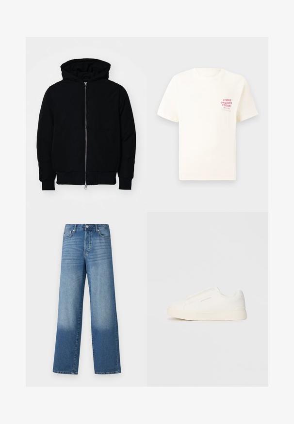Svart huoodiejacka med framdragkedja, känguruficka, ribbade ärmslut och nederkant, uppställd mot en vit bakgrund.; Vit kortärmad T-shirt med röd text "Studio Originals Edition" på vänster bröst, är uppställd på en neutral grå bakgrund.; Blå högmidjade raka jeans med blekning på låren och mörkare skuggningar nära fållen, framknapp och fickor synliga.; Vita slip-on sneakers med en texturerad yta, en tjock sula och minimalistisk design. Har varumärkeslogotypen på sidan.