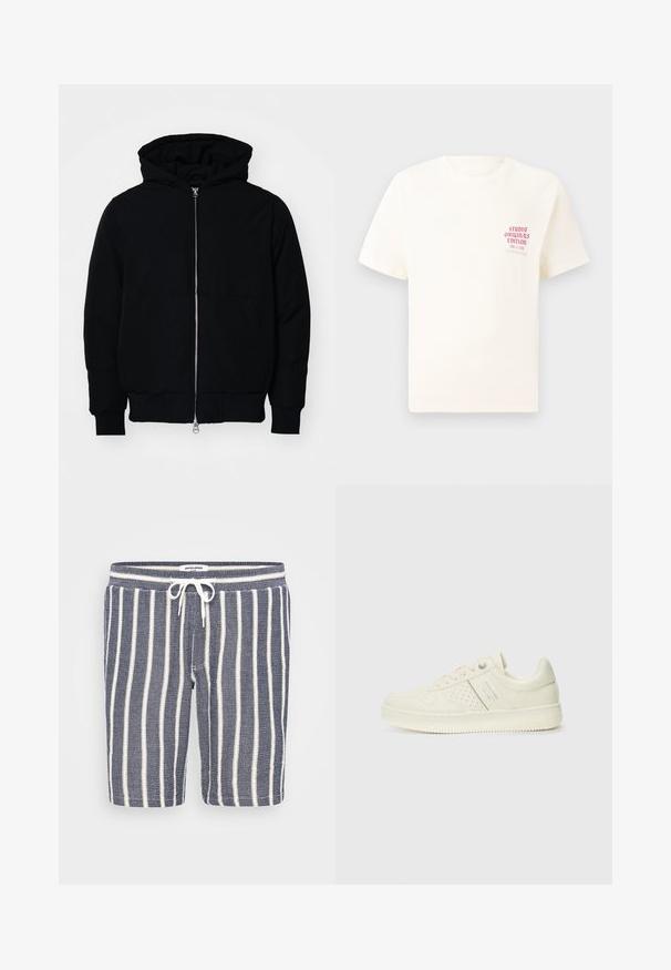 Veste à capuche noire avec fermeture éclair sur le devant, poche kangourou, poignets et ourlet côtelés, présentée sur un fond blanc uni.; T-shirt blanc à manches courtes avec le texte rouge "Édition Originals du Studio" sur la poitrine gauche, présenté sur un fond gris neutre.; Shorts rayés bleu et blanc en tissu texturé, dotés d'une taille élastique avec cordon de serrage. Longueur jusqu'à mi-cuisse.; Sneaker couleur crème avec des détails perforés, des lacets et un logo sur le côté, présenté sur un fond blanc uni.
