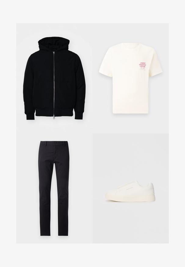 Black hooded jacket with front zipper, kangaroo pocket, ribbed cuffs, and hem, displayed on a plain white background.; White short-sleeve T-shirt with red text "Studio Originals Edition" on left chest, displayed on a neutral gray background.; Black pants made of smooth fabric, featuring a slim fit design, button closure, and standard pockets with no visible patterns or accents.; White slip-on sneakers with a textured surface, a thick sole, and minimalistic design. Features brand logo on the side.
