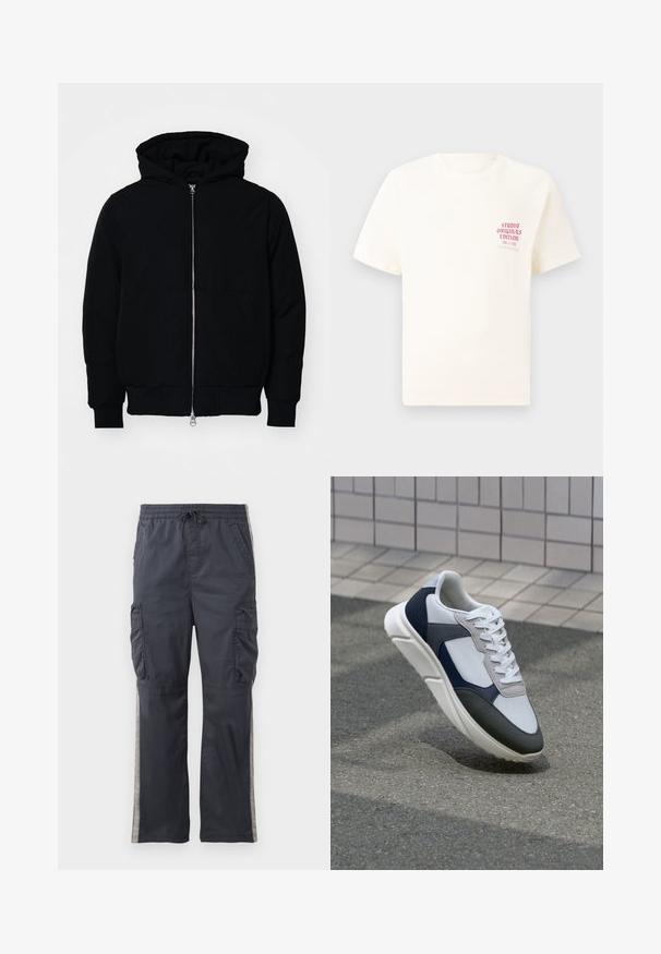 Black hooded jacket with front zipper, kangaroo pocket, ribbed cuffs, and hem, displayed on a plain white background.; White short-sleeve T-shirt with red text "Studio Originals Edition" on left chest, displayed on a neutral gray background.; Dark gray cargo pants with an elastic waistband, drawstring, and side pockets. Features light gray side stripes and a relaxed fit.; White, navy, and gray sneaker with a mixed material design, featuring a textured upper, flat laces, and a cushioned sole.