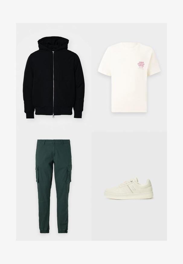 Black hooded jacket with front zipper, kangaroo pocket, ribbed cuffs, and hem, displayed on a plain white background.; White short-sleeve T-shirt with red text "Studio Originals Edition" on left chest, displayed on a neutral gray background.; Green cargo pants with a slim fit, featuring elastic cuffs, side pockets, and a classic button closure. Made from soft, durable fabric.; Cream-colored sneaker with perforated detailing, laces, and logo on the side, displayed against a plain white background.