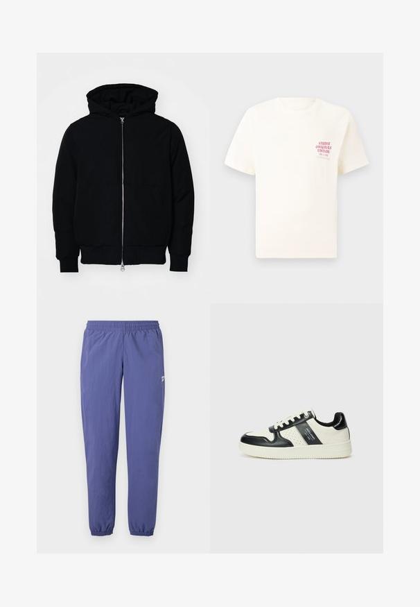 Black hooded jacket with front zipper, kangaroo pocket, ribbed cuffs, and hem, displayed on a plain white background.; White short-sleeve T-shirt with red text "Studio Originals Edition" on left chest, displayed on a neutral gray background.; Purple windbreaker pants with an elastic waistband, tapered legs, elastic cuffs, and a side pocket featuring a small logo detail.; Leather sneakers with a black and cream color scheme, featuring perforated accents, a padded collar, and a textured outsole.