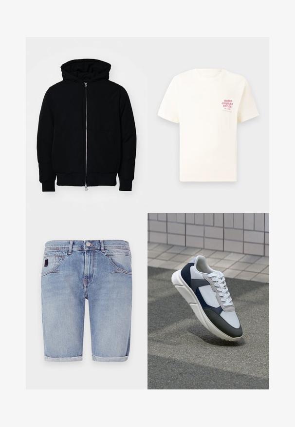 Fekete kapucnis dzseki elülső cipzárral, kenguruzsebbel, bordázott mandzsettákkal és aba, egy sima fehér háttér előtt.; Fehér, rövid ujjú póló, bal mellen piros szöveggel "Studio Originals Edition", semleges szürke háttér előtt.; Világoskék farmer rövidnadrág, egyenes szabású dizájnnal, felgöndörített szegéllyel és enyhe kopással. Elöl zsebekkel és egy kis textilcímkével rendelkezik.; Fehér, tengerészkék és szürke sneaker vegyes anyagokból készült dizájnnal, amely textúrázott felsőrésszel, lapos fűzőkkel és párnázott talppal rendelkezik.
