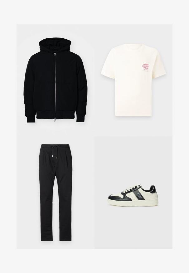 Mustaga kapuutsiga jakk, millel on esineed, kenguru tasku, soonikkoes, ja alläär, esitatud lihtsal valgel taustal.; Valge lühikeste varrukatega T-särk, millel on vasakul rinnal punane tekst "Studio Originals Edition", esitatud neutraalsel hallil taustal.; Mustad, kerge materjaliga püksid elastse vöökohtaga, paelaga kinnitamine ja kaks esikotid. Sile tekstuur ja täiuslik sobivus.; Nahatud nahkkingad musta ja kreemi värviskeemiga, millel on perforeeritud aktsendid, pehme krae ja tekstureeritud tallad.