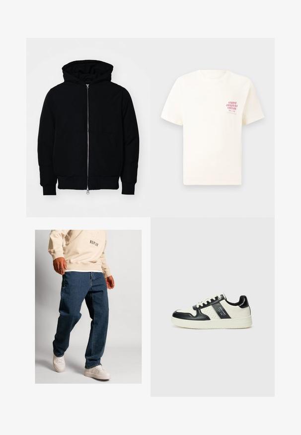 Fekete kapucnis dzseki elülső cipzárral, kenguruzsebbel, bordázott mandzsettákkal és aba, egy sima fehér háttér előtt.; Fehér, rövid ujjú póló, bal mellen piros szöveggel "Studio Originals Edition", semleges szürke háttér előtt.; Kék farmernadrág laza szabásban, standard cipzárral és kontrasztos varrással, off-white sportcipővel és világos bézs pulóverrel párosítva.; Fekete és krém színű bőrsneaker, perforált díszítésekkel, párnázott bokapánttal és texturált talppal.