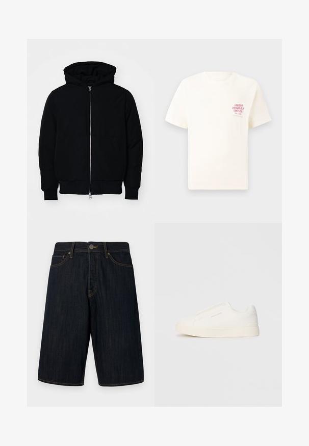 Svart hettejakke med frontglidelås, kengurulomme, ribbestrikket mansjetter og søm, vist på en ensfarget hvit bakgrunn.; Hvit T-skjorte med korte ermer og rød tekst "Studio Originals Edition" på venstre bryst, vist på en nøytral grå bakgrunn.; Mørke denimshorts med rett snitt, med gulsøm, fem lommer og oppknepp foran. Jevn tekstur.; Hvite slip-on joggesko med teksturert overflate, tykk såle og minimalistisk design. Har merkevarelogo på siden.