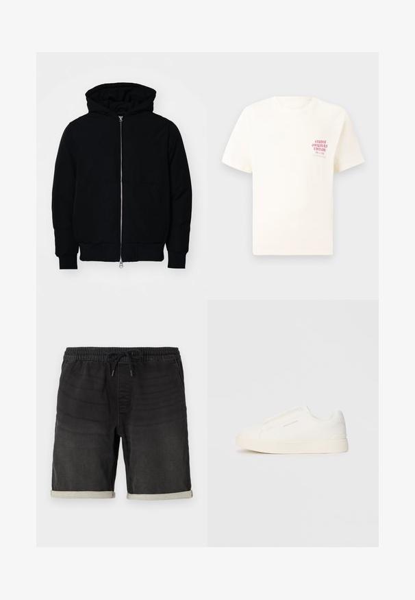 Mustaga kapuutsiga jakk, millel on esineed, kenguru tasku, soonikkoes, ja alläär, esitatud lihtsal valgel taustal.; Valge lühikeste varrukatega T-särk, millel on vasakul rinnal punane tekst "Studio Originals Edition", esitatud neutraalsel hallil taustal.; Mustad denim lühikesed püksid elastse vöökoha ja nöörihemaga. Omab rullitudäärte ja peeneid tekstuurimuutusi kogu ulatuses.; Valged libisemiskindlad tossud tekstuuriga pinnaga, paksu tallaga ja minimalistikus disainis. Küljel on brändi logo.