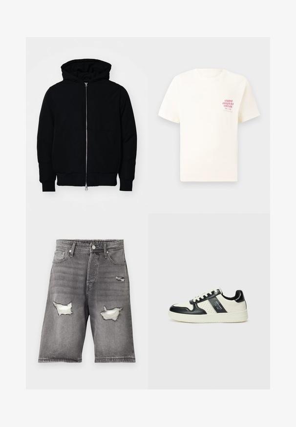 Jachetă neagră cu glugă, cu fermoar în față, buzunar tip kangaroo, mansete și tiv ribbed, prezentată pe un fundal alb simplu.; Tricou alb cu mânecă scurtă, având text roșu "Studio Originals Edition" pe partea stângă a pieptului, expus pe un fundal gri neutru.; Șorturi din denim gri cu un finisaj decolorat, având două petice uzate și un design cu cinci buzunare. Închidere cu nasture metalic și fermoar.; Tenisi din piele cu un scheme de culori negru și crem, dotati cu accente perforate, guler căptușit și o talpă texturată.