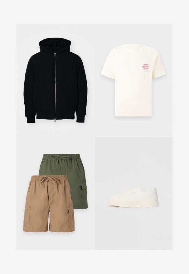 Black hooded jacket with front zipper, kangaroo pocket, ribbed cuffs, and hem, displayed on a plain white background.; White short-sleeve T-shirt with red text "Studio Originals Edition" on left chest, displayed on a neutral gray background.; Two pairs of cargo shorts; one khaki, one green. Each has an elastic waistband, drawstring, and side pockets. Smooth fabric texture.; White slip-on sneakers with a textured surface, a thick sole, and minimalistic design. Features brand logo on the side.