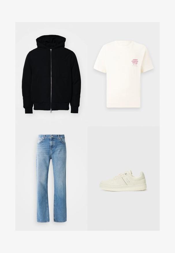 Crna kapuška jakna s prednjim zatvaračem, kenguru džepom, rebrastim manžetama i rubom, prikazana na običnoj bijeloj pozadini.; Bijela kratka majica s kratkim rukavima s crvenim natpisom "Studio Originals Edition" na lijevoj strani grudi, prikazana na neutralnoj sivoj pozadini.; Svijetloplave traperice ravnog kroja. Karakteristike uključuju kopčanje na dugme, petlje za remen i prednje/bočne džepove s minimalnim izbjeljivanjem.; Kremasto bijele tenisice s perforiranim detaljima, vezicama i logotipom s bočne strane, prikazane na jednostavnoj bijeloj pozadini.