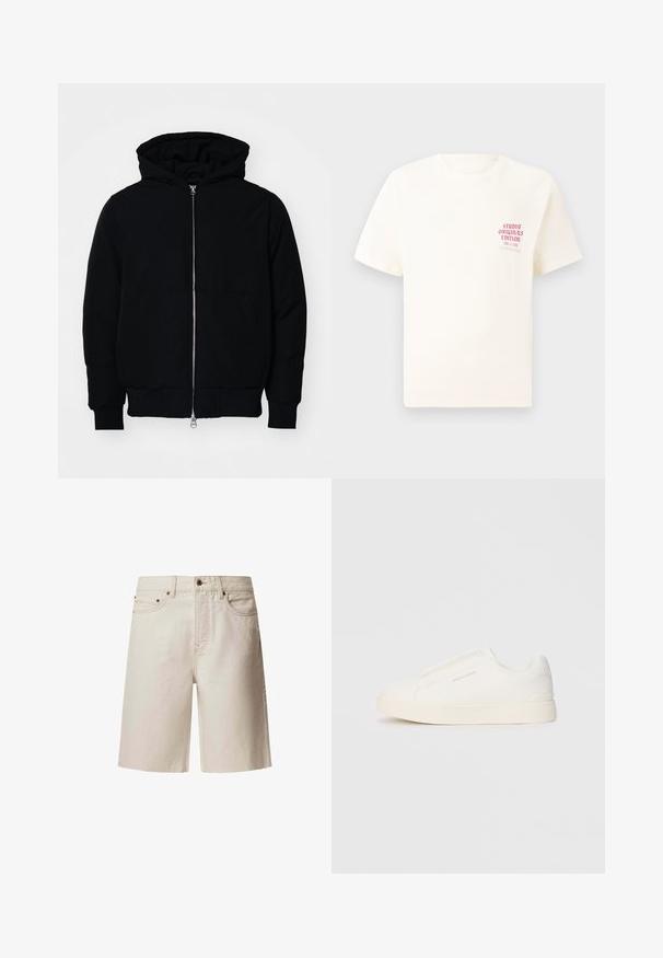 Zwarte hoodie met rits aan de voorkant, kangoeroe-pocket, geribbelde manchetten en zoom, weergegeven op een effen witte achtergrond.; Witte T-shirt met korte mouwen met rode tekst "Studio Originals Edition" op de linker borst, weergegeven op een neutrale grijze achtergrond.; Beige denim shorts met een rechte snit, vijf zakken, topknop en riemlussen. Gladde textuur met subtiele stikseldetails.; Witte instap sneakers met een gestructureerd oppervlak, een dikke zool en een minimalistisch ontwerp. Bevat het merklogo aan de zijkant.