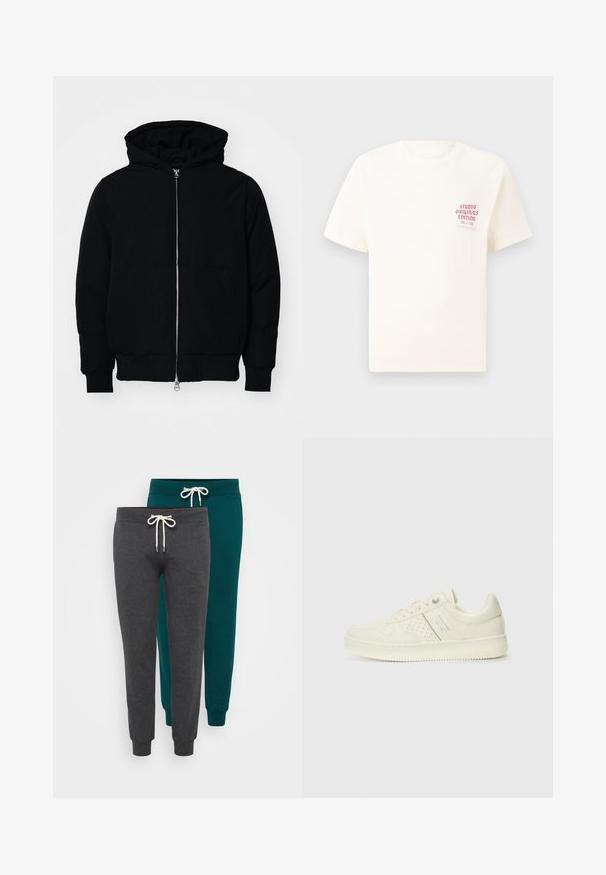 Black hooded jacket with front zipper, kangaroo pocket, ribbed cuffs, and hem, displayed on a plain white background.; White short-sleeve T-shirt with red text "Studio Originals Edition" on left chest, displayed on a neutral gray background.; Two pairs of jogger pants in charcoal gray and teal, made of soft fabric, featuring elastic cuffs and drawstring waistbands with white cords.; Cream-colored sneaker with perforated detailing, laces, and logo on the side, displayed against a plain white background.