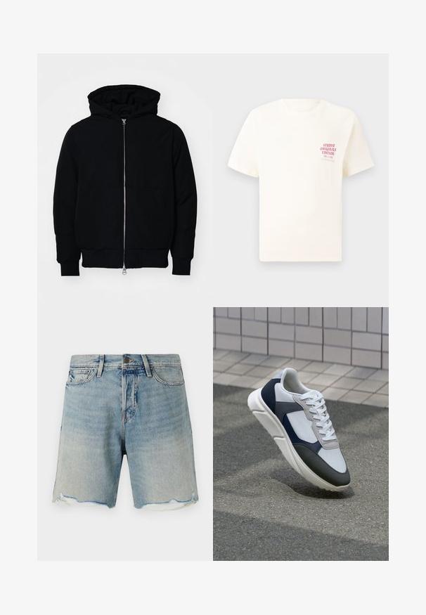 Černá kapucňová bunda s předním zipem, klokaní kapsou, vroubkovanými manžetami a spodním lemem, vystavená na čistém bílém pozadí.; Bílý krátký rukávový tričko s červeným textem "Studio Originals Edition" na levé hrudi, vystavené na neutrálním šedém pozadí.; Džínové šortky v světlé modré barvě s vybledlým vzhledem. Mají roztrhaný lem a standardní design s pěti kapsami. Kovové zapínání v pase.; Bílé, námořnické a šedé tenisky s kombinovaným materiálovým designem, který zahrnuje texturovaný svršek, ploché šňůrky a polstrovanou podešev.