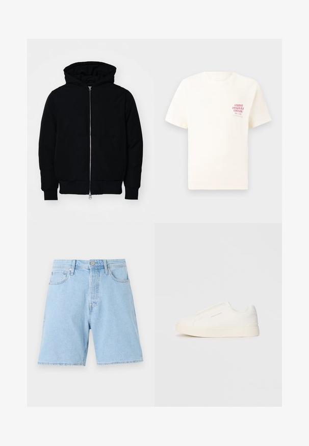 Mustaga kapuutsiga jakk, millel on esineed, kenguru tasku, soonikkoes, ja alläär, esitatud lihtsal valgel taustal.; Valge lühikeste varrukatega T-särk, millel on vasakul rinnal punane tekst "Studio Originals Edition", esitatud neutraalsel hallil taustal.; Heledad sinise värvi teksalühikesed püksid klassikalise lõikega, viie tasku, nööpkinnitus ja tikitud serv. Vastupidav kangas, millel on sile tekstuur.; Valged libisemiskindlad tossud tekstuuriga pinnaga, paksu tallaga ja minimalistikus disainis. Küljel on brändi logo.