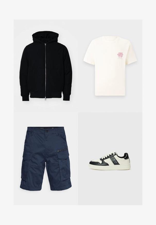 Black hooded jacket with front zipper, kangaroo pocket, ribbed cuffs, and hem, displayed on a plain white background.; White short-sleeve T-shirt with red text "Studio Originals Edition" on left chest, displayed on a neutral gray background.; Navy blue cargo shorts with multiple pockets, zipper accents, and a button closure. Made from a durable, lightweight fabric for versatility.; Leather sneakers with a black and cream color scheme, featuring perforated accents, a padded collar, and a textured outsole.