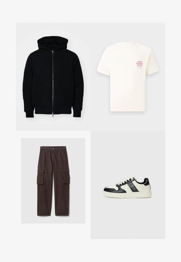 Fekete kapucnis dzseki elülső cipzárral, kenguruzsebbel, bordázott mandzsettákkal és aba, egy sima fehér háttér előtt.; Fehér, rövid ujjú póló, bal mellen piros szöveggel "Studio Originals Edition", semleges szürke háttér előtt.; Barna cargo nadrág erős pamutból. Több funkcionális zsebbel, övhurkokkal és egyenes szárú fazonnal rendelkezik. Sima textúra, klasszikus dizájn.; Fekete és krém színű bőrsneaker, perforált díszítésekkel, párnázott bokapánttal és texturált talppal.