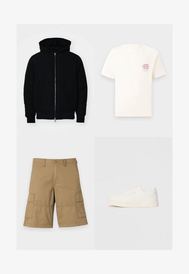 Giacca nera con cappuccio, dotata di zip frontale, tasca a marsupio, polsini e orlo a coste, esposta su uno sfondo bianco semplice.; T-shirt bianco a maniche corte con testo rosso "Studio Originals Edition" sul lato sinistro del petto, esposto su uno sfondo grigio neutro.; Shorts cargo in tessuto kaki con taglio dritto, dotati di due tasche laterali e chiusura con bottone in vita. Texture liscia in tutto il capo.; Sneakers bianchi slip-on con superficie texturizzata, suola spessa e design minimalista. Presentano il logo del marchio sul lato.