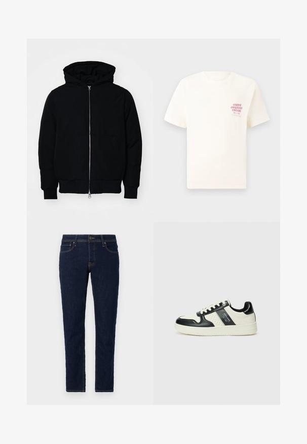 Crna kapuška jakna s prednjim zatvaračem, kenguru džepom, rebrastim manžetama i rubom, prikazana na običnoj bijeloj pozadini.; Bijela kratka majica s kratkim rukavima s crvenim natpisom "Studio Originals Edition" na lijevoj strani grudi, prikazana na neutralnoj sivoj pozadini.; Tamno plave traperice s uskim krojem. Imaju standardni dizajn s pet džepova, kontrastno šivanje i metalno kopčanje.; Kožne tenisice s crno-bijelom paletom boja, koje imaju perforirane akcentne detalje, podstavljeni ovratnik i teksturiranu potplat.